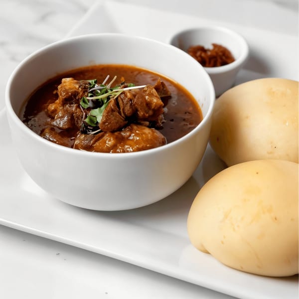 African stew with meat and microgreens in a white bowl, served with two steamed buns and a side of relish.